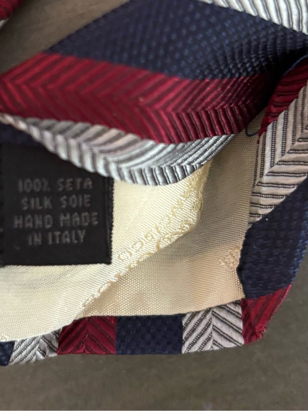 Bullock & Jones Handmade Italian Silk Tie Navy Red Silver Stripe Classic Tie - Picture 5 of 5